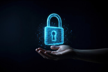 Digital Security: A Hand Holding a Futuristic Glowing Padlock, Representing Data Protection and Cybersecurity