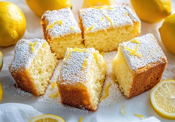 A fluffy, soft lemon cake with cut into slices and dusted with sugar on top of the table.