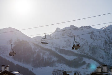 Ski Lift, Mountains, Winter: Sunny Day Alpine Cable Car Transportation
