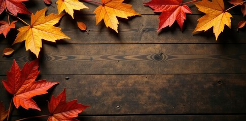 Obraz premium Leaves and twigs on a wooden background, earthy tones and brown colors, warm colors, dry season, nature