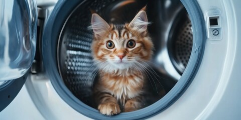 Curious kitten peeks out from washing machine drum in home