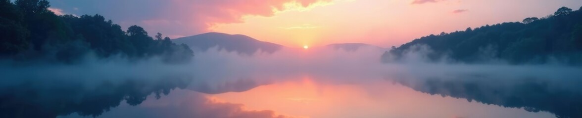 Fototapeta premium Foggy cloud formation over Mirror Lake on an evening scene, fog, mist