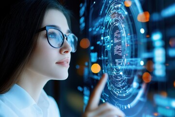 Glasses-Wearing Woman Interacts With Digital Interface.