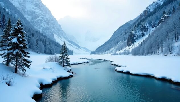 Foga gelida sulla valle in riva al ghiacciaio, snowy valley on glacier, icy peaks, frost