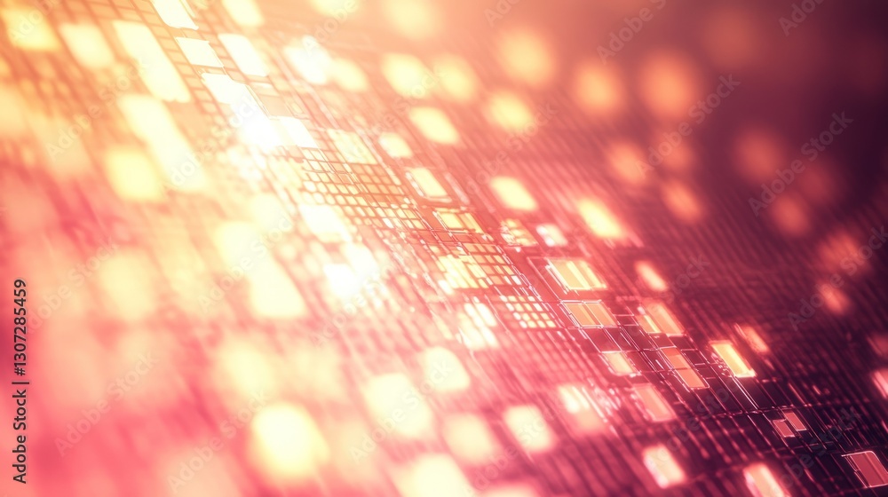 Poster abstract microchip with glowing squares on a red surface with blurred lights and shallow depth of fi
