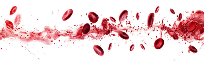 Dynamic red blood cells flowing in plasma on white or transparent background