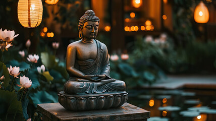  Buddha Purnima celebration set in a tranquil temple courtyard. A beautifully carved Buddha statue, surrounded by blooming lotuses