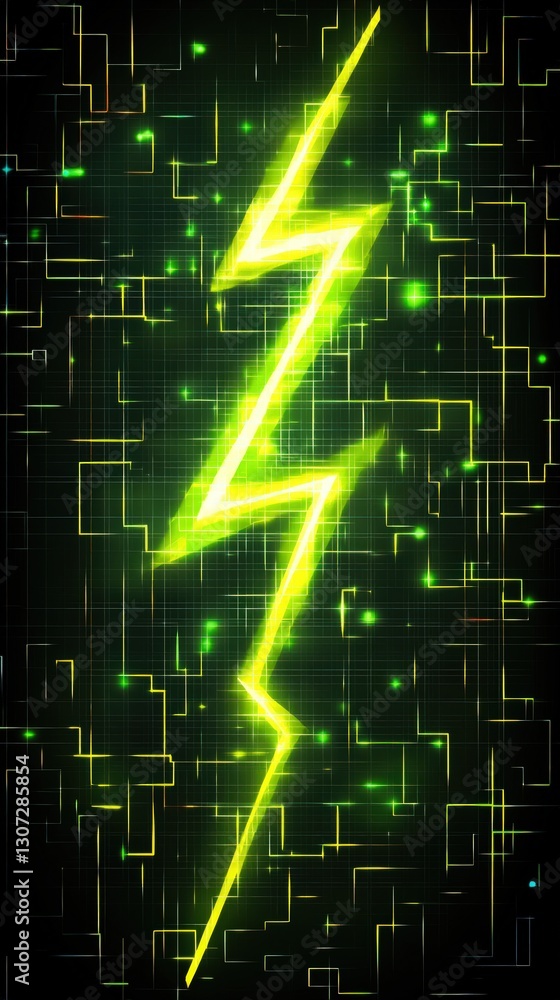 Poster glowing lightning bolt with neon green and yellow colors. the image features a dark background with 
