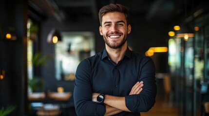 Obraz premium Young man smiles confidently in a modern cafe setting