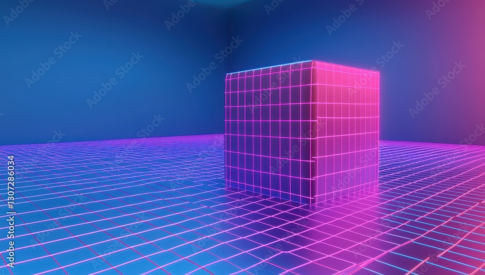 Poster futuristic neon grid environment with 3d cube in vibrant pink and blue illuminated space for digital