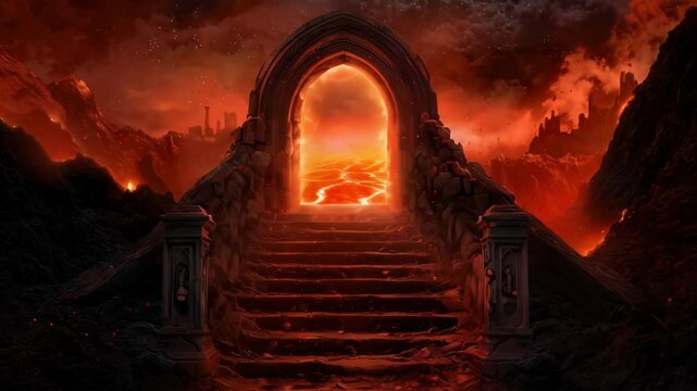 Apocalyptic stairway to hell portal. Stone steps leading to fiery archway. Dramatic red sky and lava landscape. Doomsday or end times concept art.