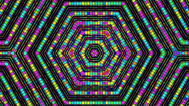 Looped abstract symmetrical background, 3d elements light up like bulbs with multicolor neon light. Bg for show or events, exhibitions, festivals or concerts, music videos, VJ loop for night clubs.