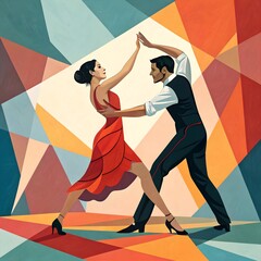 Latin American Hispanic male and female couple dancing the ballroom Calypso dance shown in an abstract cubist style painting for a poster or flyer, computer Generative AI stock illustration image




