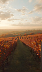 Obraz premium Autumnal vineyard vista under a golden sunset, featuring vibrant foliage and serene atmosphere.