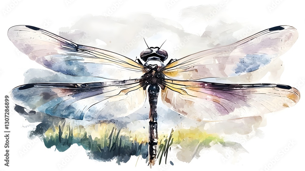 Poster ethereal watercolor dragonfly vibrant and delicate nature with subtle brushstrokes and blended hues 