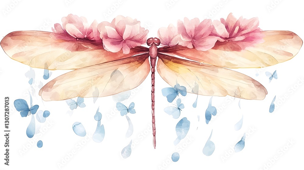 Poster delicate and vibrant watercolor of a dragonfly with soft wings and ethereal details isolated on a cl