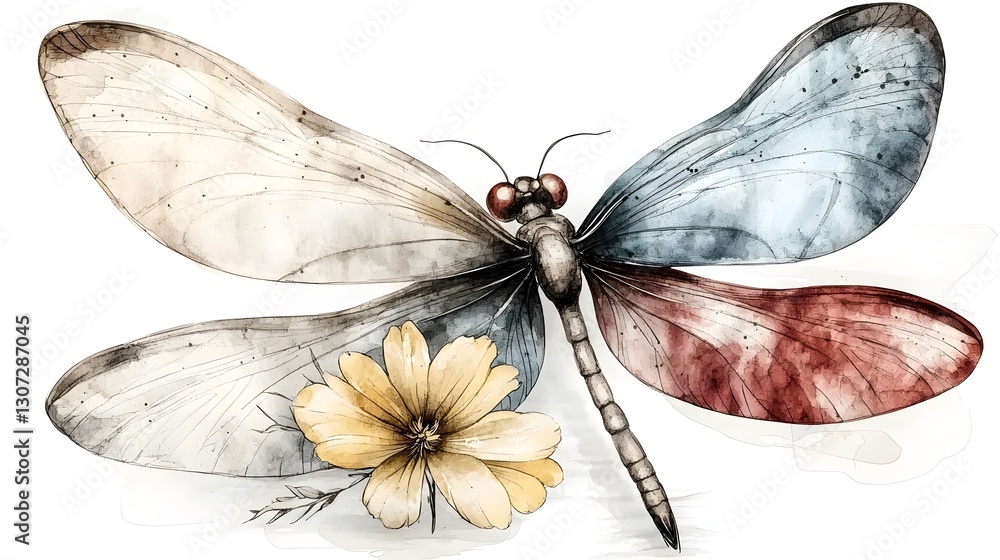 Poster serene and elegant watercolor composition of a detailed dragonfly with soft color gradients on a whi