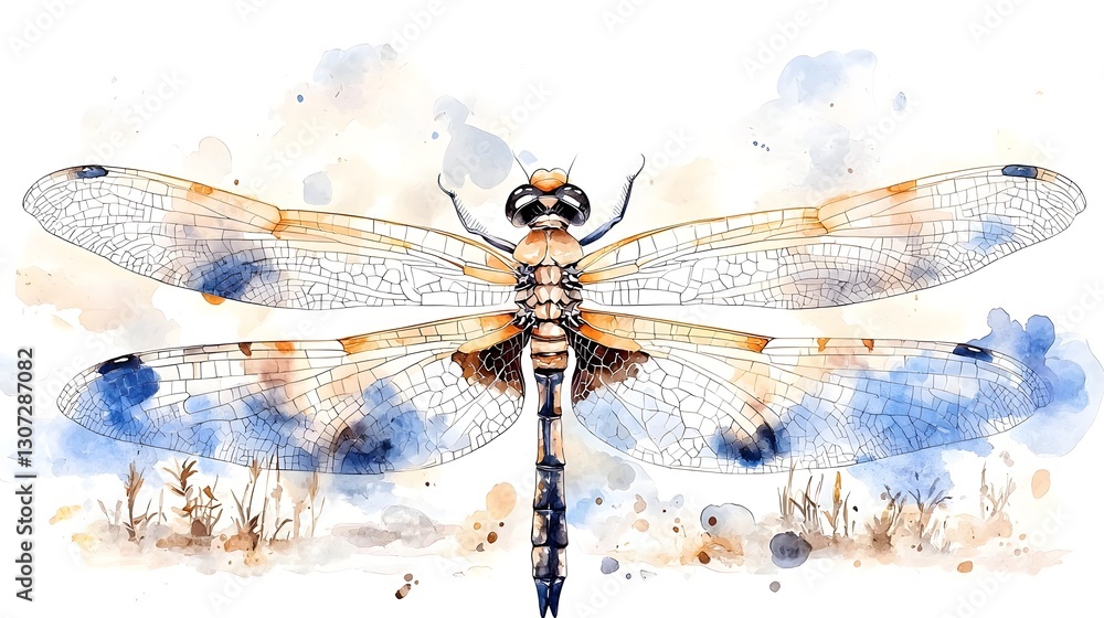 Poster a serene and elegant watercolor composition depicting a dragonfly with delicate detailed wings fille