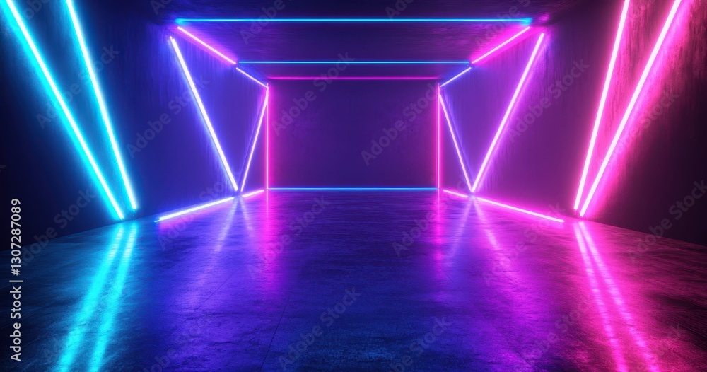 Poster futuristic neon light background in vibrant colorful room with reflections on floor and geometric pa