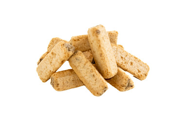 Wheat stick with chocolate cream inside on a white background. Sweet snacks