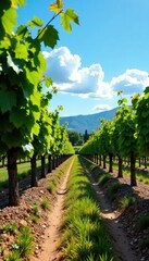 Obraz premium Grapevines and olive trees under sunny blue sky, leaves, vineyard, rustic