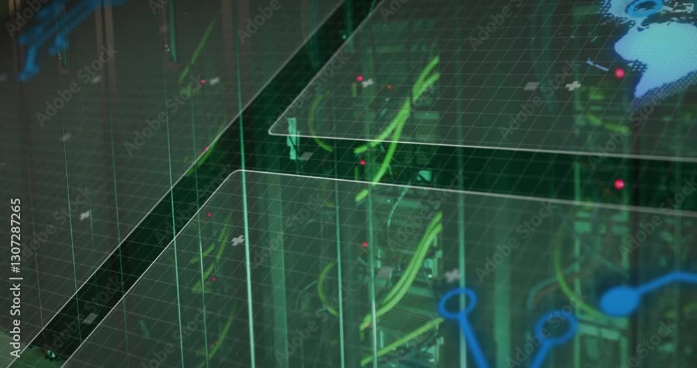 Poster animation of digital grid overlay with data servers and network connections in green