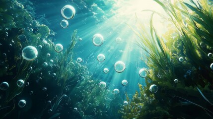 Fototapeta premium Underwater view of bubbles rising towards the surface, sunlight creating intricate patterns, peaceful and refreshing vibe, ultra-detailed, high resolution.