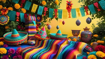 A kaleidoscopic Mexican fiesta themed background overflowing with vibrant colors, featuring intricate sombreros, serape blankets.