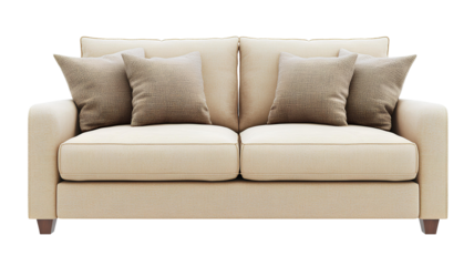 modern beige sofa with pillows on transparent background