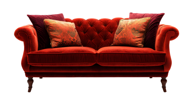red sofa chair with pillow on transparent background