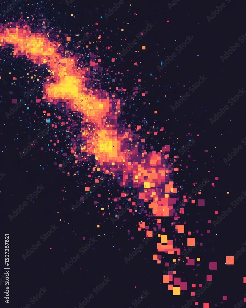 Poster Abstract pixelated digital art with vibrant warm colors on a dark background. Dynamic visual of a luminous path or stream of particles