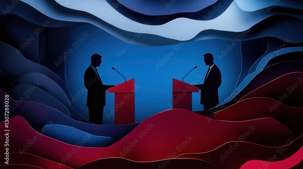 Poster bold political debate backdrop featuring dynamic silhouettes and engaging paper art design generativ