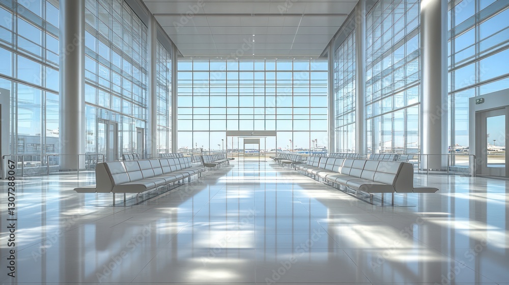 Poster modern airport terminal waiting area with bright sunlight streaming through large windows and rows o