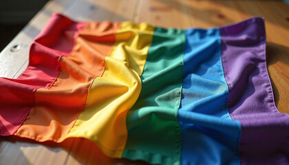 Rainbow pride flag draped on a wooden table