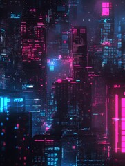 Naklejka premium Futuristic cityscape featuring tall buildings with illuminated windows in shades of pink and blue. Dark background with hazy atmosphere. Digital art