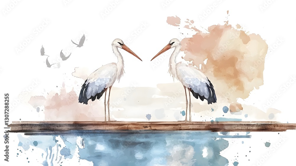 Poster a beautifully balanced watercolor painting depicting two elegant storks standing in perfect harmony 