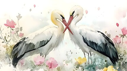 Elegant Stork Pair Standing in Harmony Surrounded by Vibrant Watercolor Painting of Nature