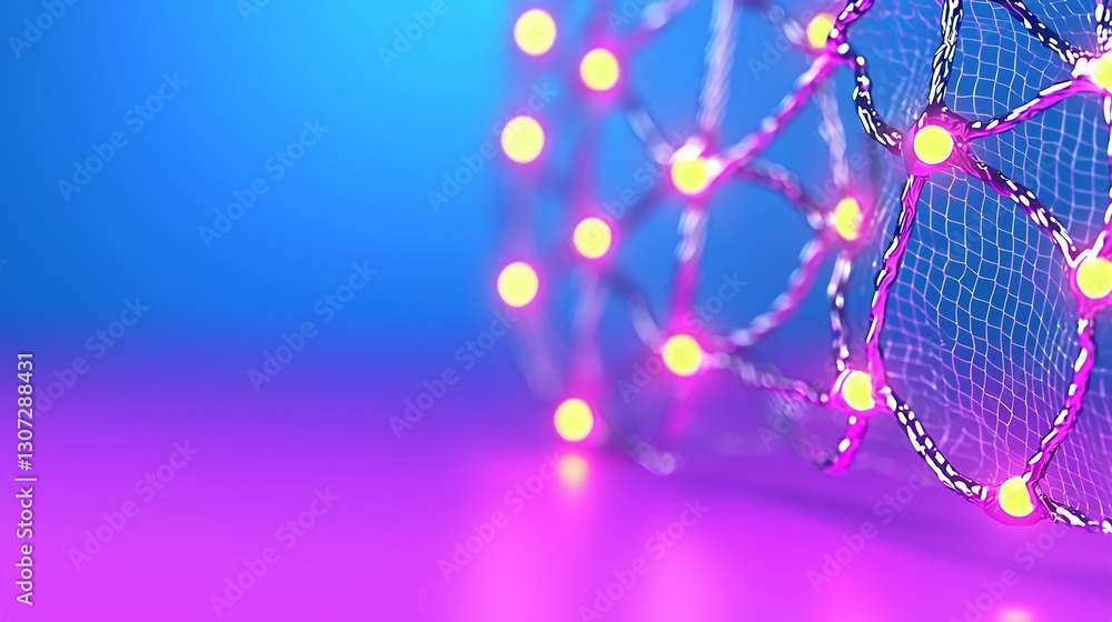 Poster glowing network nodes abstract 3d render purple blue gradient background