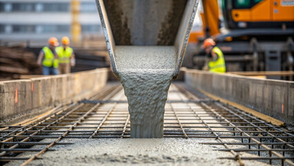 Construction workers pouring fresh concrete on site during building project