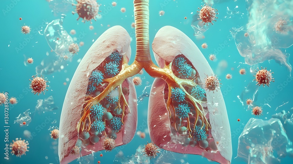 Poster 3d rendering of human lungs infected with bacteria surrounded by floating virus particles on a blue 