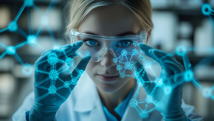 Futuristic Female Scientist Analyzing a Holographic Molecular Structure