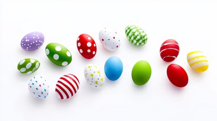 Fototapeta premium Colorful Easter Eggs Collection - A scattering of brightly colored Easter eggs with various patterns on a white background. Perfect for spring and Easter celebrations