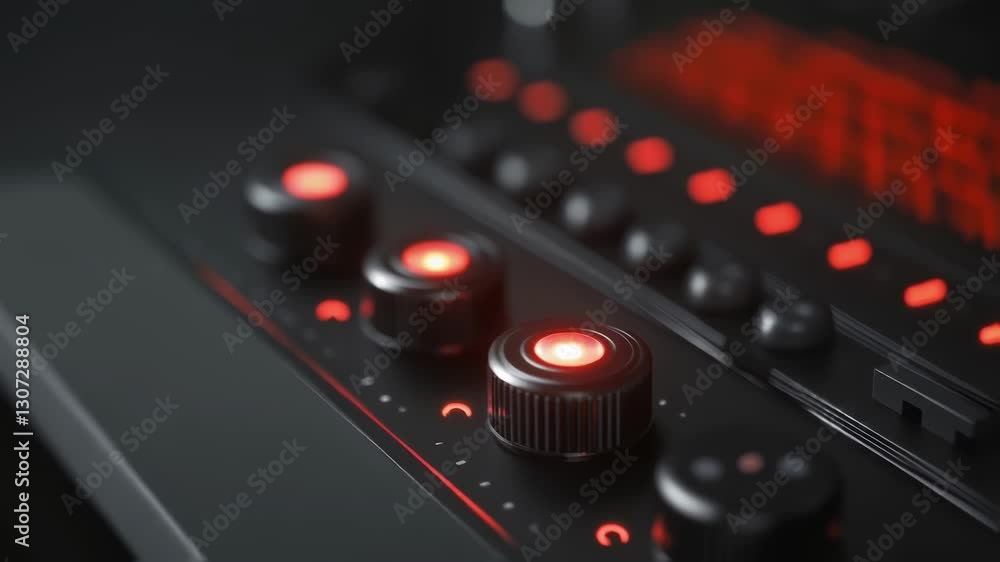 Poster close up view of a professional audio mixer featuring illuminated knobs and a red led display, showc