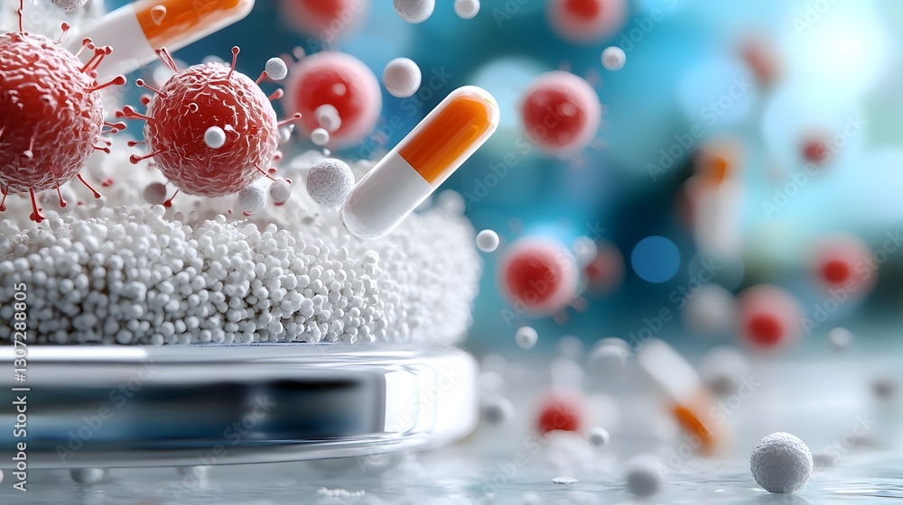 Poster 3d simulation of an antibiotic molecule interacting with cells showcasing a side view that represent