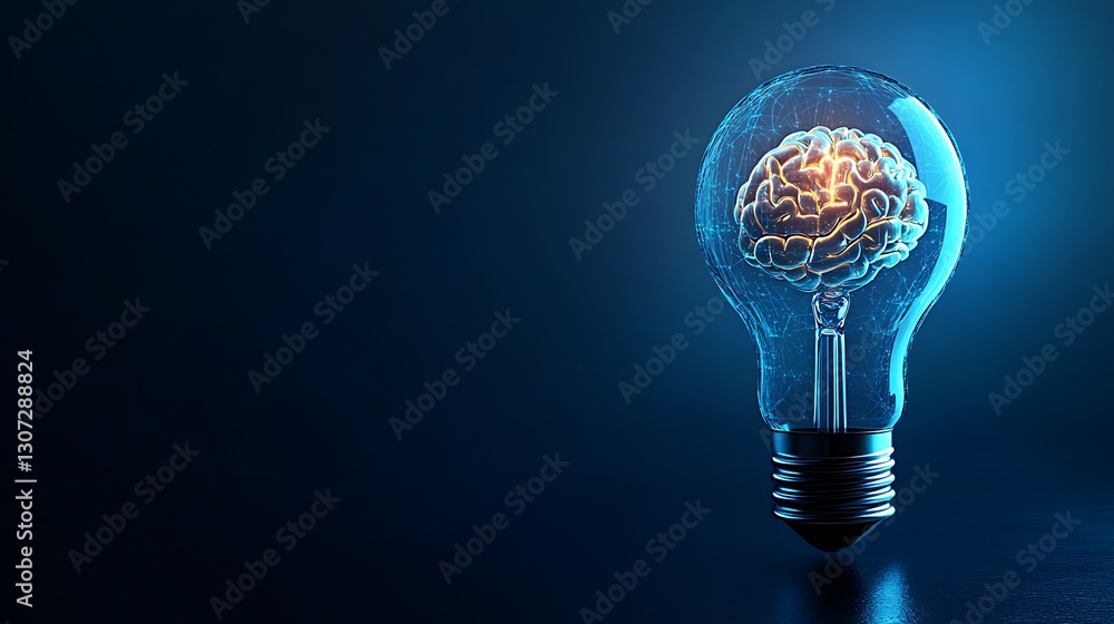 Poster glowing brain inside light bulb, a glowing brain inside a light bulb against a dark background