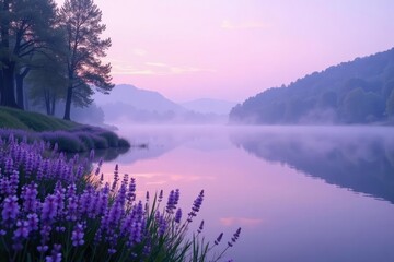 Fototapeta premium Lavender purple mist rising from a peaceful lake, reflection, stillness, nature