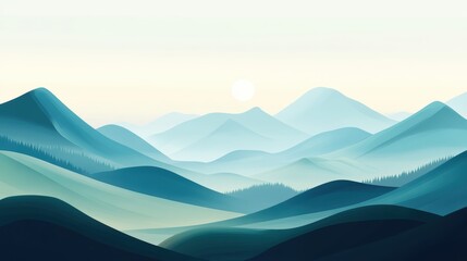 Serene Landscape View of Gentle Rolling Hills and Mountains Under a Soft Sunrise, Ideal for Nature and Tranquility Themes in Creative Projects