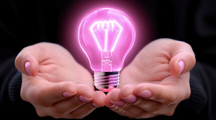 Glowing Pink Lightbulb Held in Hands Against Dark Background
