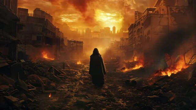 Person in dark cloak stands amid burning apocalyptic city ruins. Fiery sky and destroyed buildings in background. Dramatic end of world scene concept