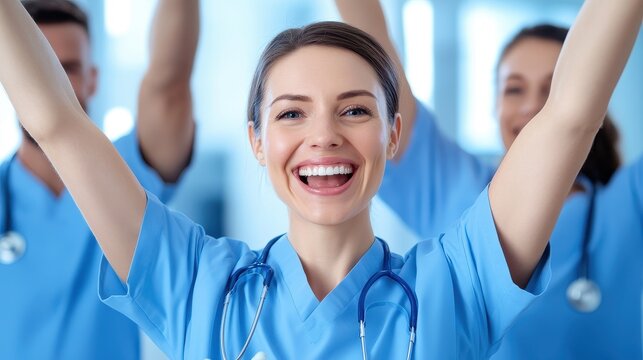 Happy Medical Team Member Raising Arms In Celebration